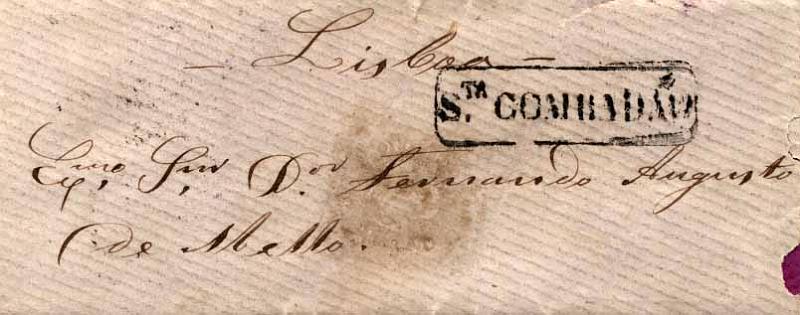 24Lis1784.jpg -     Lote:    1784            Portugal       Descrição:         Carimbos nominativos. 1867/70 &mdash; D. Luís I, fita curva, denteados. Sobrescrito circulado com selo de 25 reis (verso) CE30, de St.ª Comba Dão para Lisboa (30.06.69). Carimbo numérico de barras da 1.ª reforma 98 + nominativo S.ta COMBADÃO, ambos batidos a preto.         Carta       Valor Base:     &euro; 15,00     Valor Venda:     Retirado     