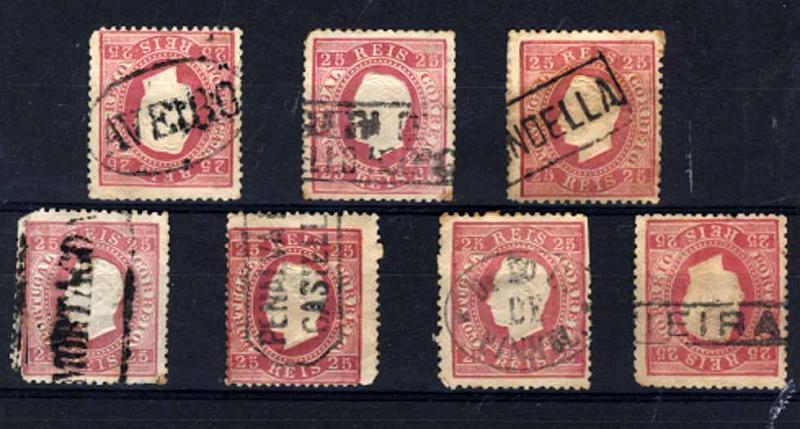 24Lis1788.jpg -     Lote:    1788            Portugal       Descrição:         1870/76 &mdash; D. Luís I, fita direita. Lote de 7 selos de 25 reis carmim, obliterados com carimbos nominativos, todos batidos a preto de: AVEIRO, FIGUEIRA DE CASTELO RODRIGO, MIRANDELLA, MORTAGOA, PENALVA DO CASTELO, A. C. DO C. DE PINHEL e VIEIRA. Alguns selos com ligeiros defeitos, porém muito raras as marcas nominativas sobre esta emissão.        Lote       Valor Base:     &euro; 70,00     Valor Venda:     &euro; 100,00     