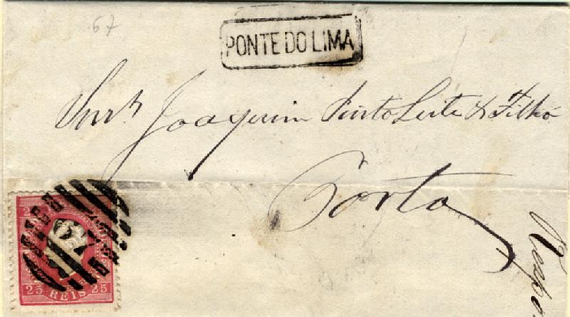 24Lis1789.jpg -     Lote:    1789            Portugal       Descrição:         Carimbos nominativos. 1870/1876 &mdash; Luís I, fita direita. CE40, 25 reis carmim, denteado 12 &frac12;, papel liso em sobrescrito circulado de Ponte do Lima para o Porto (04.04.1871). Carimbo numérico da 2.ª reforma "67" + nominativo de PONTE DO LIMA, ambos batidos a preto. MB.        Carta       Valor Base:     &euro; 15,00     Valor Venda:     &euro; 15,00     