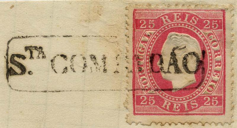24Lis1790.jpg -     Lote:    1790            Portugal       Descrição:         Carimbos nominativos * 1870/1876 &mdash; D. Luís I. Fita direita. CE40, 25 reis carmim, denteado 13 &frac12;, papel liso, sobre fragmento, obliterado com carimbo nominativo rectangular batido a preto "S.ta COMBA DÃO". MB e R.        O       Valor Base:     &euro; 75,00     Valor Venda:     &euro; 130,00     