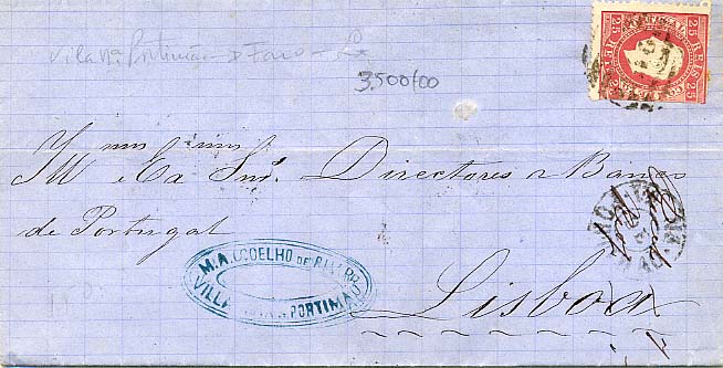 24Lis1792.jpg -     Lote:    1792            Portugal       Descrição:         Carimbos nominativos * 1870/1876 &mdash; D. Luís I. Fita direita. CE40, 25 reis carmim, denteado 12 &frac12;, papel liso (selo cortado à tesoura) em carta circulada de Portimão para Lisboa (06.02.1880). Carimbo nominativo de duplo círculo "V.ª N.ª DE PORTIMÃO", batido a preto. R.        Carta       Valor Base:     &euro; 20,00     Valor Venda:     &euro; 24,00     
