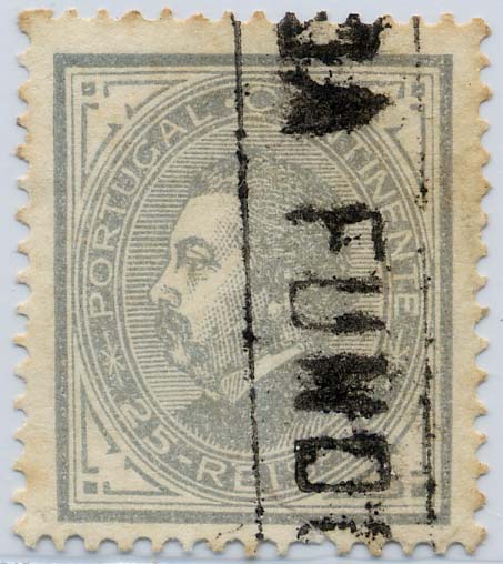 24Lis1801.jpg -     Lote:    1801            Portugal       Descrição:         Carimbos nominativos * 1880/1881 &mdash; D. Luís I. De perfil. CE54, 25 reis cinzento, denteado 12 &frac12;, papel liso, obliterado com carimbo nominativo rectangular, batido a preto de "DAFUNDO". MB e MR.        O       Valor Base:     &euro; 50,00     Valor Venda:     Retirado     