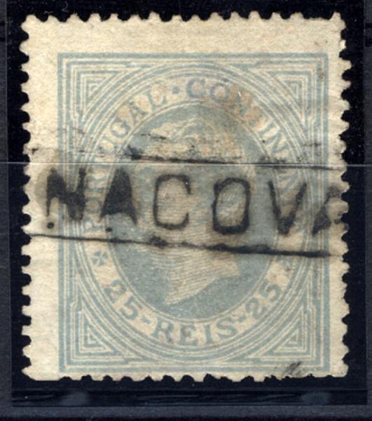 24Lis1805.jpg -     Lote:    1805            Portugal       Descrição:         Carimbos nominativos. 1880/1881 &mdash; D. Luís I de perfil. CE53, 25 reis azul cinzento, denteado 13 &frac12;, papel liso, obliterado com carimbo nominativo batido a preto de "PENACOVA". MB.        O       Valor Base:     &euro; 10,00     Valor Venda:     &euro; 10,00     