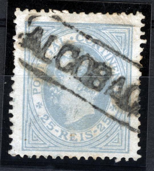 24Lis1806.jpg -     Lote:    1806            Portugal       Descrição:         Carimbos nominativos. 1880/1881 &mdash; D. Luís I de perfil. CE53, 25 reis azul cinzento, denteado 13 &frac12;, papel liso, obliterado com carimbo nominativo batido a preto de "ALCOBAÇA". MB.        O       Valor Base:     &euro; 10,00     Valor Venda:     &euro; 10,00     
