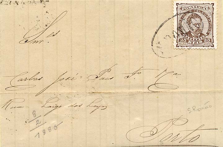 24Lis1812.jpg -     Lote:    1812            Portugal       Descrição:         Carimbos nominativos * 1880/1881 &mdash; D. Luís I. De perfil. CE54, 25 reis cinzento, denteado 12 &frac12;, papel porcelana, em carta circulada de S. Romão (08.02.1885) para o Porto, obliterados com carimbo nominativo oval, batido a preto de "S. ROMÃO". MB e MR.        Carta       Valor Base:     &euro; 150,00     Valor Venda:     Retirado     