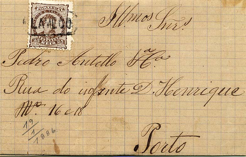 24Lis1813.jpg -     Lote:    1813            Portugal       Descrição:         Carimbos nominativos * 1880/1881 &mdash; D. Luís I. De perfil. CE54, 25 reis cinzento, denteado 12 &frac12;, papel porcelana, em carta circulada de Lamego (19.01.1886) para o Porto, obliterados com carimbo nominativo oval, batido a preto de "LAMEGO". MB e MR.        Carta       Valor Base:     &euro; 150,00     Valor Venda:     &euro; 170,00     
