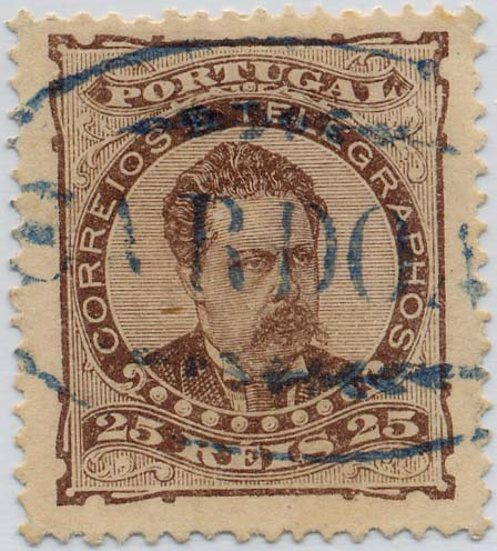 24Lis1816.jpg -     Lote:    1816            Portugal       Descrição:         Carimbos nominativos * 1882/1883 &mdash; D. Luís, de frente. CE57, 25 reis, denteado 13 &frac12;, papel liso, obliterado com carimbo nominativo oval de "SARDOAL", batido a azul. MB e R.        O       Valor Base:     &euro; 50,00     Valor Venda:     &euro; 80,00     