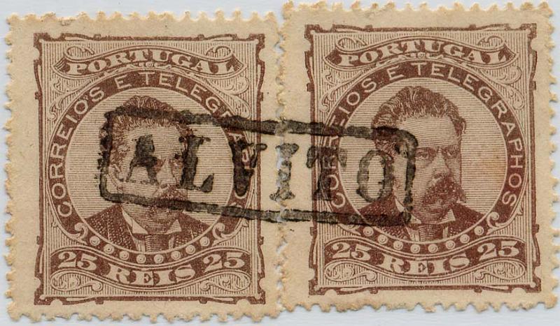 24Lis1826.jpg -     Lote:    1826            Portugal       Descrição:         Carimbos nominativos * 1882/1883 &mdash; D. Luís, de frente. CE57, 25 reis, denteado 13 &frac12;, papel liso. Dois selos obliterados com carimbo nominativo rectangular de "ALVITO", batido a preto. MB.        O       Valor Base:     &euro; 75,00     Valor Venda:     Retirado     