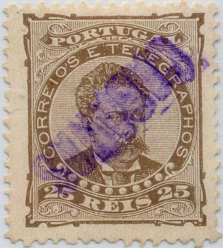 24Lis1827.jpg -     Lote:    1827            Portugal       Descrição:         Carimbos nominativos * 1882/1883 &mdash; D. Luís, de frente. CE57, 25 reis, denteado 12 &frac12;, papel liso, obliterado com carimbo nominativo de "CABANAS", batido a violeta. B e R.        O       Valor Base:     &euro; 50,00     Valor Venda:     Retirado     