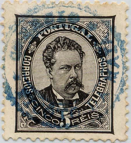 24Lis1829.jpg -     Lote:    1829            Portugal       Descrição:         1884/1887 &mdash; D. Luís I. De frente, novas cores. CE60, 5 reis preto, denteado 11 &frac12;, papel porcelana, obliterado com carimbo nominativo de duplo círculo, batido a azul "CORREIO / PICOTO DA MAIA". MB e MR.        O       Valor Base:     &euro; 50,00     Valor Venda:     Retirado     