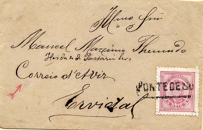 24Lis1836.jpg -     Lote:    1836            Portugal       Descrição:         Carimbos nominativos * 1884/1887 &mdash; D. Luís I. De frente, novos valores. CE63, 25 reis lilás rosa, denteado 11 &frac12;, papel porcelana, em carta circulada de Ponte de Sor para Ervidal, obliterado com carimbo nominativo rectangular, batido a preto de "PONTE DE SOR". MB.        Carta       Valor Base:     &euro; 100,00     Valor Venda:     &euro; 160,00     