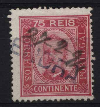 24Lis1838.jpg -     Lote:    1838            Portugal       Descrição:         Carimbos nominativos. 1892/93 &mdash; D. Carlos I tipo Diogo Neto. CE72, 75 reis, papel porcelana, denteado 12 &frac12;. Obliterado com carimbo nominativo batido a azul escuro ALMENDRA e com a data manuscrita 27-2-94.        O       Valor Base:     &euro; 25,00     Valor Venda:     &euro; 26,00     