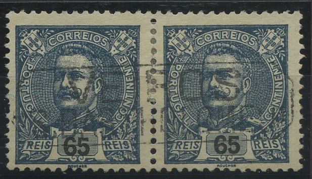 24Lis1840.jpg -     Lote:    1840            Portugal       Descrição:         Carimbos nominativos. 1898/1905 &mdash; D. Carlos I Mouchon. CE143, 65 reis azul cinzento. Par horizontal obliterado com carimbo batido a preto VEIROS / S. BARTOLOMEU".        O       Valor Base:     &euro; 20,00     Valor Venda:     &euro; 65,00     