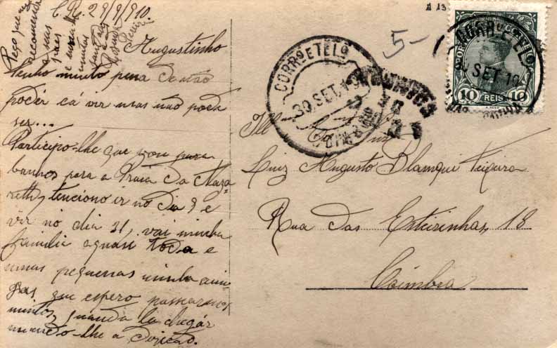24Lis1841.jpg -     Lote:    1841            Portugal       Descrição:         Carimbos nominativos. Postal ilustrado circulado de Caldas da Rainha (30.09.10) para Coimbra (30.09.10) com selo de D. Manuel II de 10 reis verde. Carimbo oval batido a preto "A. C. DO C. DE COIMBRA).        PI       Valor Base:     &euro; 10,00     Valor Venda:     Retirado     