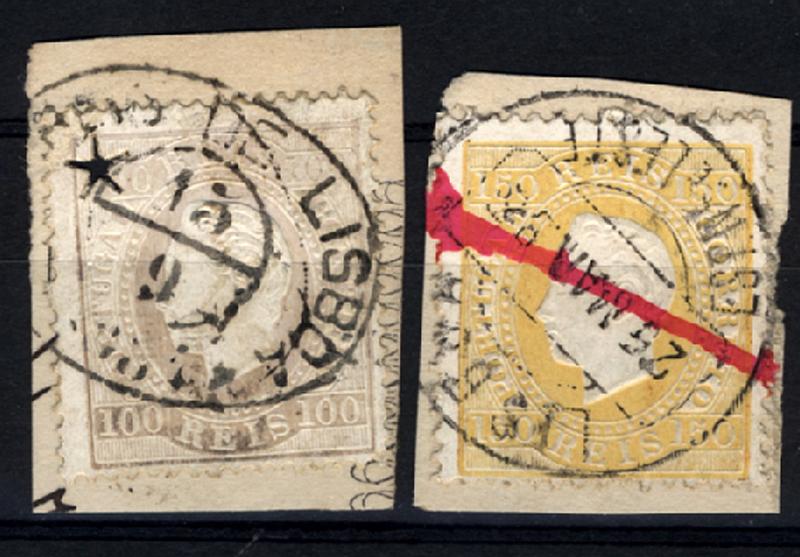 24Lis1843.jpg -     Lote:    1843            Portugal       Descrição:         Marcofilia diversa. Lote de dois fragmentos com selos de 100 reis lilás e 150 reis amarelo, emissão D. Luís I fita direita, obliterados com carimbo oval "CORREIO DE LISABOA" + perfuração em estrela da telegrafia, e "LISBOA EST. N. e LESTE" + obliteração com traço a vermelho também da telegrafia.        O       Valor Base:     &euro; 15,00     Valor Venda:     Retirado     