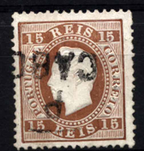 24Lis1844.jpg -     Lote:    1844            Portugal       Descrição:         1870/76 &mdash; D. Luís I fita direita. CE38, 15 reis castanho, papel porcelana, denteado 12 &frac12;, obliterado com carimbo batido a preto "P / CABO".        O       Valor Base:     &euro; 20,00     Valor Venda:     &euro; 44,00     