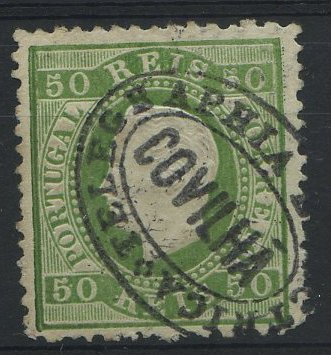 24Lis1845.jpg -     Lote:    1845            Portugal       Descrição:         Carimbos da Telegrafia Eléctrica. 1870/76 &mdash; D. Luís I, fita direita. CE41, 50 reis verde, obliterado com carimbo batido a preto "TELEGRAPHIA ELECTRICA / COVILHÃ".        O       Valor Base:     &euro; 15,00     Valor Venda:     &euro; 70,00     