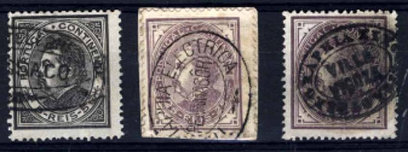 24Lis1846.jpg -     Lote:    1846            Portugal       Descrição:         Carimbos da telegrafia eléctrica. Lote de 3 selos de D. Luís I de perfil (1 de 5 reis e dois de 25 reis) obliterados com carimbos batidos a preto da TELEGRAFIA ELÉCTRICA de BUSSACO, PENAMACÔR e VILLA VIÇOZA.        Lote       Valor Base:     &euro; 8,00     Valor Venda:     &euro; 14,00     