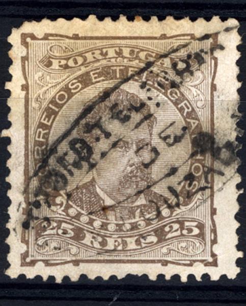 24Lis1848.jpg -     Lote:    1848            Portugal       Descrição:         Carimbos da telegrafia eléctrica. Selo de 25 reis castanho D. Luís I de perfil CE57, obliterado com carimbo de dupla oval batido a preto "LOUZADA".        O       Valor Base:     &euro; 8,00     Valor Venda:     Retirado     