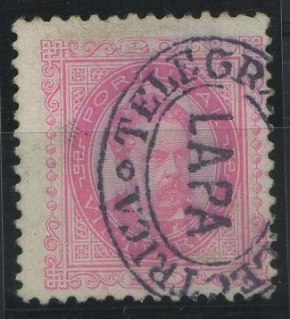 24Lis1849.jpg -     Lote:    1849            Portugal       Descrição:         Carimbos da Telegrafia Eléctrica. 1884/87 &mdash; D. Luís I, de frente. Novos valores. CE62, 20 reis carmim rosa, obliterado com carimbo batido a preto "TELEGRAPHIA ELECTRICA / LAPA".        O       Valor Base:     &euro; 12,00     Valor Venda:     &euro; 20,00     