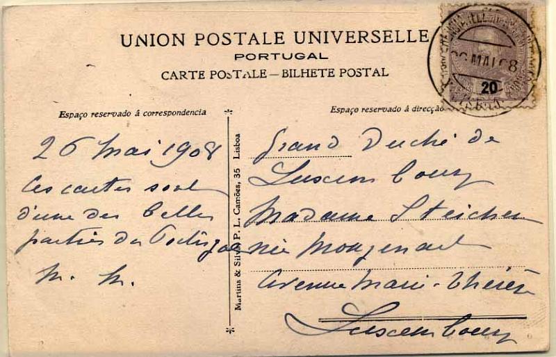 24Lis1855.jpg -     Lote:    1855            Portugal       Descrição:         Carimbos circulares datados. Postal ilustrado circulado com selo de 20 reis D. Carlos I tipo Mouchon de Lisboa (26.05.08) para o Luxemburgo. Carimbo batido a preto da "X CONFERÊNCIA TELEGRAPHICA INTERNACIONAL / LISBOA".         PI       Valor Base:     &euro; 20,00     Valor Venda:     &euro; 55,00     