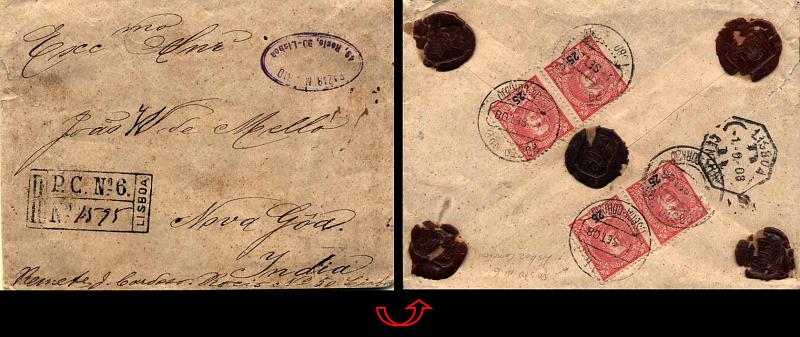 24Lis1856.jpg -     Lote:    1856            Portugal       Descrição:         Postos particulares de correio. 1898/1905 &mdash; D. Carlos I Mouchon. Sobrescrito circulado registado de Lisboa (01.09.08 para Nova Goa, com 4 selos de 25 reis carmim (no verso) CE141. Marca de registo e obliteradora batidas a preto do POSTO CORREIO N.º 6. MB e MR.        Carta       Valor Base:     &euro; 75,00     Valor Venda:     &euro; 170,00     