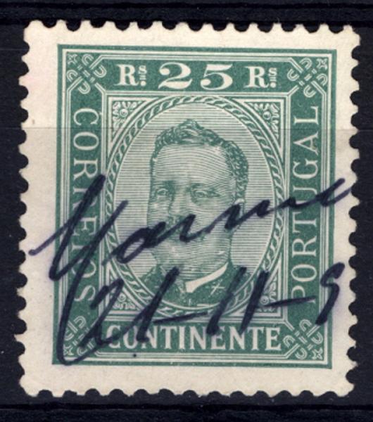 24Lis1859.jpg -     Lote:    1859            Portugal       Descrição:         Obliterações manuscritas * 1892/1893 &mdash; D. Carlos I, tipo Diogo Neto. CE70, 25 reis verde, denteado 11 &frac12;, papel porcelana, com obliteração manuscrita "MARMELEIRA 21-11-9?.        O       Valor Base:     &euro; 15,00     Valor Venda:     &euro; 36,00     