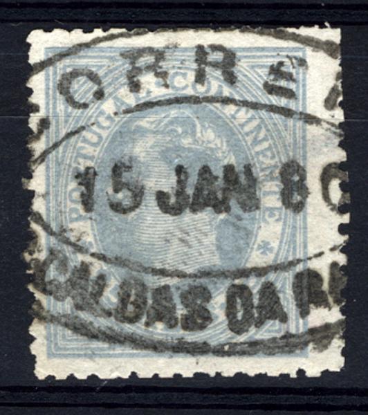 24Lis1862.jpg -     Lote:    1862            Portugal       Descrição:         Carimbos de dupla oval. Selo de 25 reis D. Luís de perfil, azul cinzento, denteado 12 &frac12;, papel liso, obliterado com carimbo de CALDAS DA RAINHA.        O       Valor Base:     &euro; 5,00     Valor Venda:     &euro; 5,00     