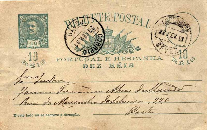 24Lis1869.jpg -     Lote:    1869            Portugal       Descrição:         Carimbos circulares datados. Inteiro postal de 10 reis D. Carlos I Mouchon OM23, circulado de Cavez (22.02.01) para o Porto (23.02.01). Carimbo batido a preto de CAVEZ (Gordon * raridade 8). MB e R.        IC       Valor Base:     &euro; 15,00     Valor Venda:     &euro; 26,00     