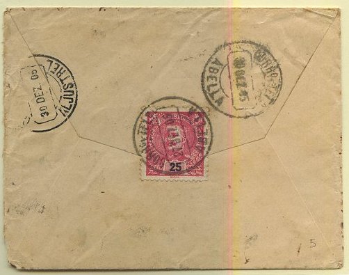 24Lis1872.jpg -     Lote:    1872            Portugal       Descrição:         Carimbos circulares datados. Sobrescrito circulado com selo de 25 reis carmim, D. Carlos Mouchon CE141, obliterado com CCD batido a preto de ABELLA.        Carta       Valor Base:     &euro; 8,00     Valor Venda:     &euro; 14,00     