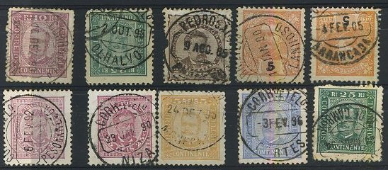 24Lis1874.jpg -     Lote:    1874            Portugal       Descrição:         Carimbos circulares datados. Lote de 10 selos de diversas emissões com CCD's todos batidos a preto de: M. DE CAMBRA (2), OLHALVO, PEDRGÃO GRANDE, LANHOSO, ARRANCADA, PESO DA REGOA, NIZA, MONFORTE, CORTES.        Lote       Valor Base:     &euro; 5,00     Valor Venda:     &euro; 14,00     