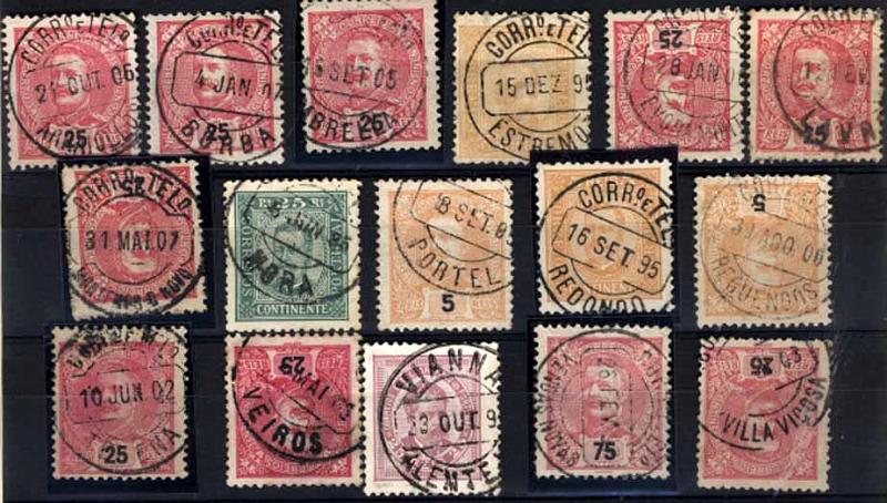 24Lis1875.jpg -     Lote:    1875            Portugal       Descrição:         Carimbos circulares datados (CCD's) &mdash; Lote de 16 selos, a maioria em selos de D. Carlos I Mouchon, batidos a preto de localidades do Distrito de Évora: Arraiolos, Borba, Cabrella, Estremoz, Évora Monte, Lavre, Montemor-o-Novo, Mora, Portel, Redondo, Reguengos, Terena, Veiros, Vianna / Alentejo, Vendas Novas, Villa Viçoza.        Lote       Valor Base:     &euro; 20,00     Valor Venda:     &euro; 28,00     