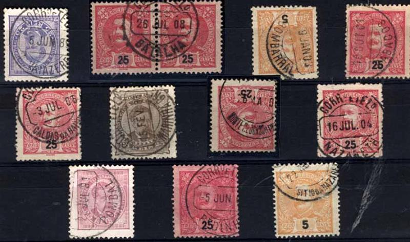 24Lis1877.jpg -     Lote:    1877            Portugal       Descrição:         Carimbos circulares datados (CCD's) &mdash; Lote de 11 carimbos, a maioria em selos de D. Carlos I Mouchon, batidos a preto, de localidades do Distrito de Leiria: Alvaiázere, Batalha, Bombarral, Cabaços, Caldas da rainha, Marinha Gr.e, Monte Redondo (Leiria), Nazareth, Pombal, Redinha, Sítio da Nazareth.        Lote       Valor Base:     &euro; 10,00     Valor Venda:     &euro; 38,00     