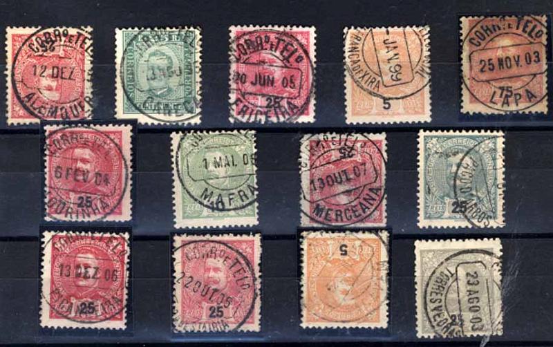 24Lis1879.jpg -     Lote:    1879            Portugal       Descrição:         Carimbos circulares datados (CCD's) &mdash; Lote de 13 carimbos, a maioria sobre selos de D. Carlos I Mouchon, batidos a preto, de localidades do Distrito de Lisboa: Alemquer, Caneças, Ericeira, V. Franca de Xira, Lapa, Lourinhã, Mafra, Merceana, Paço d'Arcos, Picanceira, Povoa de S.ta Iria, Sacavém, Torres Vedras.        Lote       Valor Base:     &euro; 10,00     Valor Venda:     &euro; 32,00     