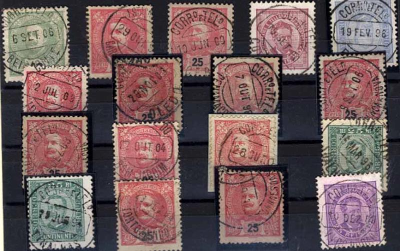 24Lis1880.jpg -     Lote:    1880            Portugal       Descrição:         Carimbos circulares datados (CCD's) &mdash; Lote de 17 carimbos, a maioria sobre selos de D. Carlos I Mouchon, batidos a preto, de localidades do Distrito de Castelo Branco: Belmonte, Caria (Belmonte), Certa, Covilhã, Fundão, Idanha, Oledo, Penamacor, Proença-a-Nova, S. Miguel de Acha, Sernache do / Bom Jardim, Sobreira Formosa, Soalheira, Tinalhas, Tortozendo, Unhaes da Serra. V. V. do Ródão.        Lote       Valor Base:     &euro; 20,00     Valor Venda:     &euro; 30,00     
