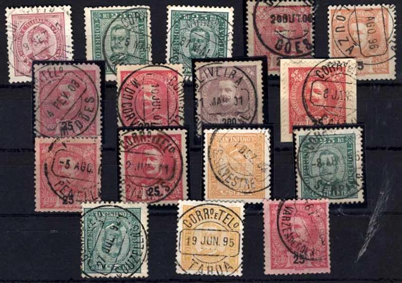 24Lis1881.jpg -     Lote:    1881            Portugal       Descrição:         Carimbos circulares datados (CCD's) &mdash; Lote de 16 carimbos, a maioria sobre selos de D. Carlos I Mouchon, batidos a preto, de localidades do Distrito de Coimbra: Arganil, Cantanhede, Condeixa, Goês, Lousã, Midões, M. do Corvo, Oliveira / do Hospital, Paião, Penella, Poiares, S. Silvestre, Serpins, Souzellas, Taboa, Várzea de Goês.        Lote       Valor Base:     &euro; 20,00     Valor Venda:     &euro; 28,00     