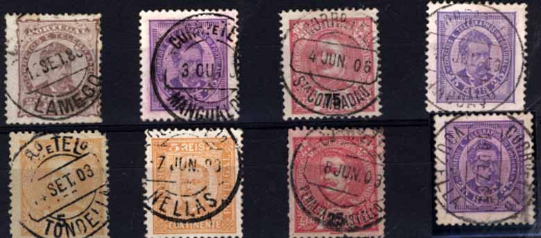 24Lis1882.jpg -     Lote:    1882            Portugal       Descrição:         Carimbos circulares datados (CCD's) &mdash; Lote de 8 carimbos, a maioria sobre selos de D. Carlos I Mouchon, batidos a preto, de localidades do Distrito de Viseu: Lamego, Mangualde, S.ta Combadão, Taboaço, Tondella, Nellas, Penalva do Castello, Vouzella.        Lote       Valor Base:     &euro; 5,00     Valor Venda:     &euro; 18,00     