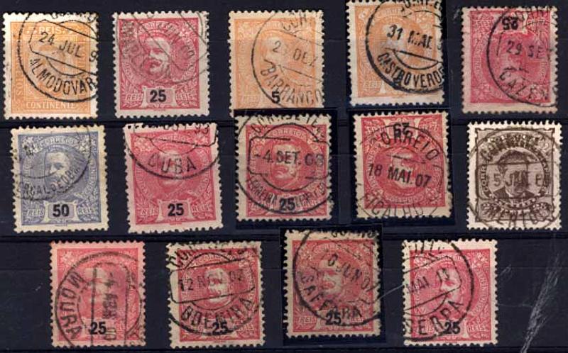 24Lis1885.jpg -     Lote:    1885            Portugal       Descrição:         Carimbos circulares datados (CCD's) &mdash; Lote de 14 carimbos, a maioria sobre selos de D. Carlos I Mouchon, batidos a preto, de localidades do Distrito da Beja: Almodôvar, Amareleja, Barrancos, Castro verde, Cazevel, Cercal de Odemira, Cuba, Ferreira do Alentejo, Ficalho, Mértola, Moura, Odemira, Saffara, Serpa.        Lote       Valor Base:     &euro; 20,00     Valor Venda:     &euro; 30,00     