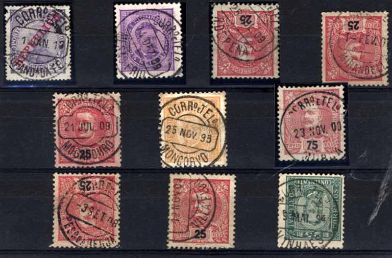24Lis1887.jpg -     Lote:    1887            Portugal       Descrição:         Carimbos circulares datados (CCD's) &mdash; Lote de 10 carimbos, a maioria sobre selos de D. Carlos I Mouchon, batidos a preto, de localidades da Região de Trás-os-Montes: Alfandega da Fé, Mesão Frio, R. de Pena, Mirandella, Mogadouro, Moncorvo, Murça, Peso da Regoa, Villa Flor, Vinhaes.        Lote       Valor Base:     &euro; 10,00     Valor Venda:     &euro; 12,00     