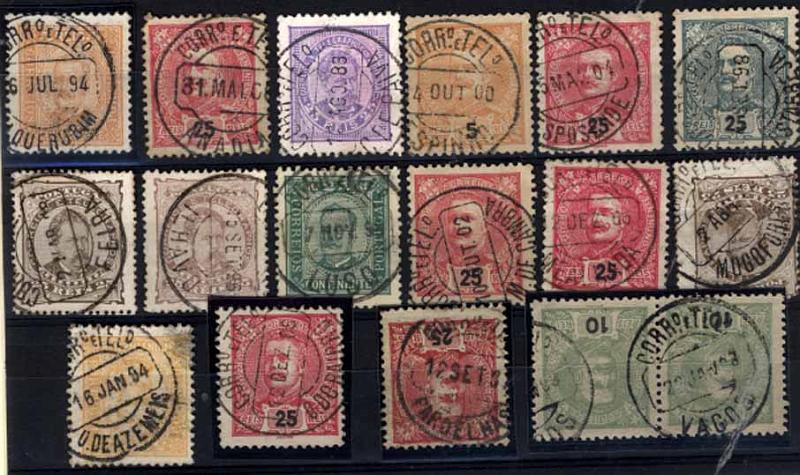 24Lis1888.jpg -     Lote:    1888            Portugal       Descrição:         Carimbos circulares datados (CCD's) &mdash; Lote de 16 carimbos, a maioria sobre selos de D. Carlos I Mouchon, batidos a preto, de localidades do Distrito de Aveiro: Alquerubim, Anadia, C. de Paiva, Espinho, Esposende, Estarreja, Feira, Ílhavo, Luso, M. de Cambra, Mealhada, Mogofores, O. de Azeméis, O. de Bairro, Pardelhas, Vagos.        Lote       Valor Base:     &euro; 20,00     Valor Venda:     &euro; 24,00     