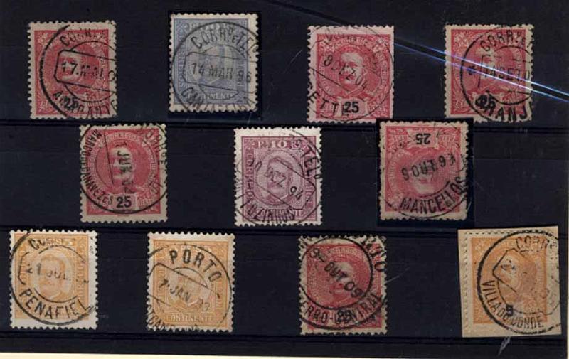 24Lis1889.jpg -     Lote:    1889            Portugal       Descrição:         Carimbos circulares datados (CCD's) &mdash; Lote de 11 carimbos, a maioria sobre selos de D. Carlos I Mouchon, batidos a preto, de localidades do Distrito do Porto: Amarante, Cantareira, Cette, Granja, Marco de Canavezes, Mattozinhos, Mancellos, Penafiel, Porto / ESt. Campanhã, Porto / Est. Caminho Ferro Central, Villa do Conde.        Lote       Valor Base:     &euro; 10,00     Valor Venda:     &euro; 12,00     