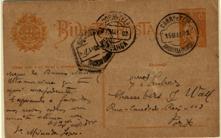 24Lis1892.jpg -     Lote:    1892            Portugal       Descrição:         Carimbos datados circulares. Inteiro postal tipo Ceres de 2C ocre sobre cartolina camurça, circulado de Argoselo (15.05.00 &mdash; erro de datador) para o Porto (17.05.20), com trânsito por Bragança (15.05.02 &mdash; erro de datador). Carimbo batido a preto de ARGOSELLO (VIMIOSO). B.        IC       Valor Base:     &euro; 8,00     Valor Venda:     &euro; 16,00     
