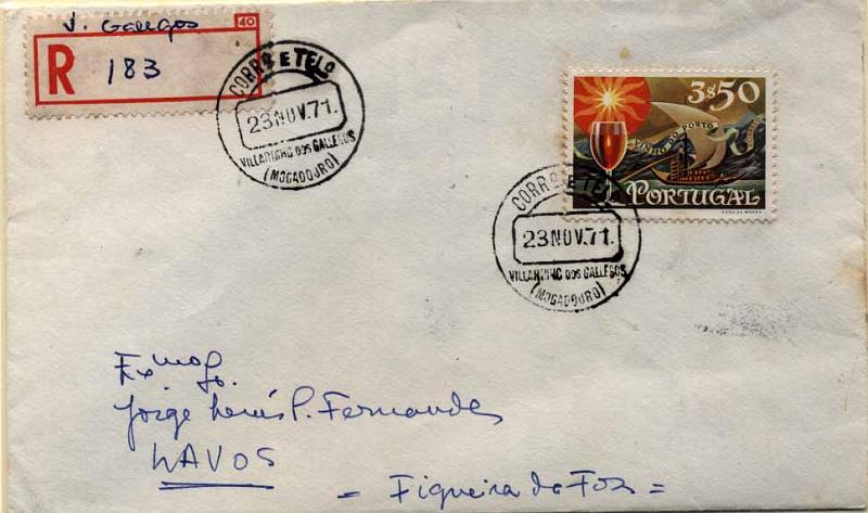 24Lis1895.jpg -     Lote:    1895            Portugal       Descrição:         Carimbos de duplo círculo. Sobrescrito circulado de Vilarinho dos Galegos (23.11.71) para Lavos (24.11.71) com trânsito pela Figueira da Foz (24.11.71) com selo de 3$50 Vinho do Porto CE1089. Carimbo batido a preto de VILLARINHO DOS GALLEGOS (MOGADOURO). Raro.        Carta       Valor Base:     &euro; 5,00     Valor Venda:     &euro; 14,00     