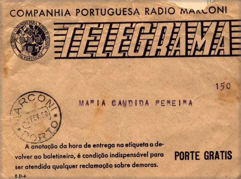 24Lis1896.jpg -     Lote:    1896            Portugal       Descrição:         Marcas da telegrafia. Rádio Telegrama em sobrescrito da Companhia Portuguesa Rádio Marconi. Marca batida a preto "MARCONI / 1 FEV 58 / PORTO".        TLG       Valor Base:     &euro; 5,00     Valor Venda:     &euro; 5,00     