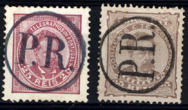 24Lis1897.jpg -     Lote:    1897            Portugal       Descrição:         Marcas da posta rural. Conjunto de dois selos CE57 e CE63, obliterados com carimbos da posta rural "P. R:", batidos a preto e azul escuro.        O       Valor Base:     &euro; 5,00     Valor Venda:     &euro; 16,00     