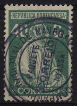 24Lis1898.jpg -     Lote:    1898            Portugal       Descrição:         Carimbos de paquetes nacionais. Selo de 40C verde da emissão Ceres &mdash; Londres, obliterado com carimbo batido a violeta "COMPANHIA NACIONAL DE NAVEGAÇÃO / PAQUETE / CORREIO / NYASSA"        O       Valor Base:     &euro; 6,00     Valor Venda:     &euro; 18,00     