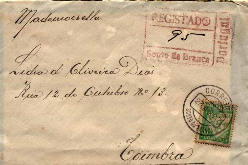 24Lis1903.jpg -     Lote:    1903            Portugal       Descrição:         Carimbos circulares datados e de registo. Sobrescrito circulado com dois selos (no verso) de $80 Lusíadas de Souto da Branca (28.03.37) para Coimbra (29.03.37). Carimbo circular datado batido a preto e de registo rectangular batido a vermelho de SOUTO DA BRANCA. MB e MR.        Carta       Valor Base:     &euro; 50,00     Valor Venda:     &euro; 60,00     