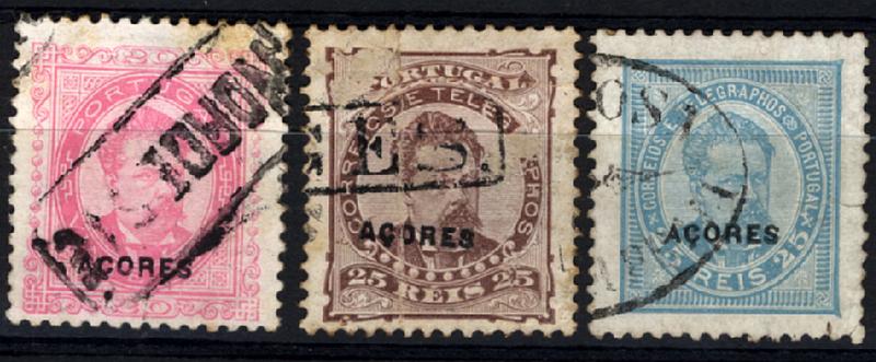 24Lis1905.jpg -     Lote:    1905            Açores       Descrição:         Carimbos nominativos. Lote de 3 selos de emissões de D. Luís I obliterados com carimbos nominativos batidos a preto de NORDESTE, LAGES e GRACIOSA.        Lote       Valor Base:     &euro; 5,00     Valor Venda:     &euro; 5,00     