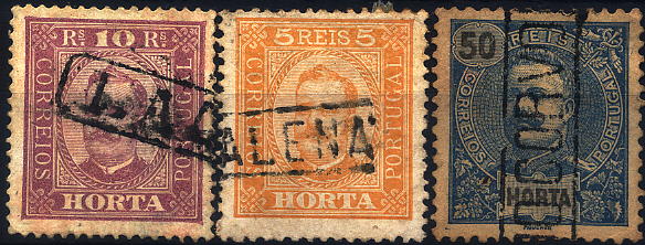 24Lis1907.jpg -     Lote:    1907            Açores       Descrição:         Carimbos nominativos. Lote de 3 selos (D. Carlos I Diogo Neto e D. Carlos I Mouchon), obliterados com carimbos nominativos batidos a preto de LAGES, MAGDALENA e ILHA DO CORVO".        Lote       Valor Base:     &euro; 6,00     Valor Venda:     &euro; 14,00     