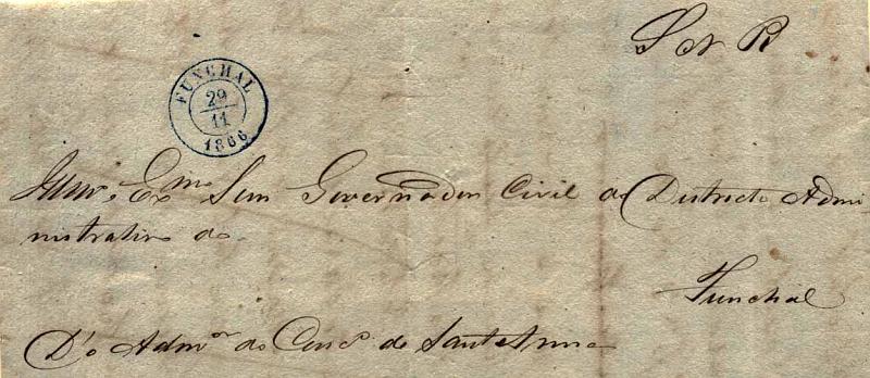 24Lis1909.jpg -     Lote:    1909            Açores       Descrição:         Carimbos de duplo círculo datado. Sobrescrito circulado internamente na Madeira do Funchal (29.11.1866) para Santa Ana, isento de franquia. Carimbo batido a azul do FUNCHAL.        Carta       Valor Base:     &euro; 100,00     Valor Venda:     &euro; 160,00     